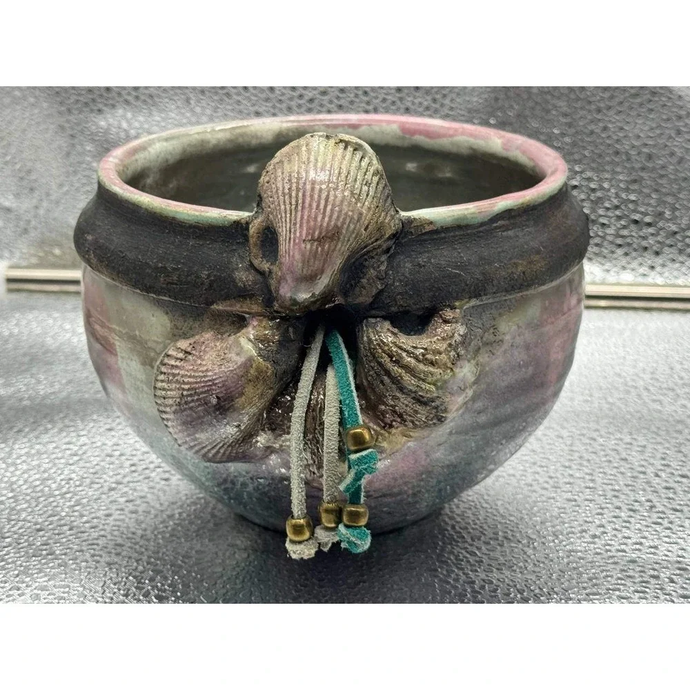 Signed Studio Pottery Bowl‎ Small Pink Purple Iridescent Shell Accents Boho